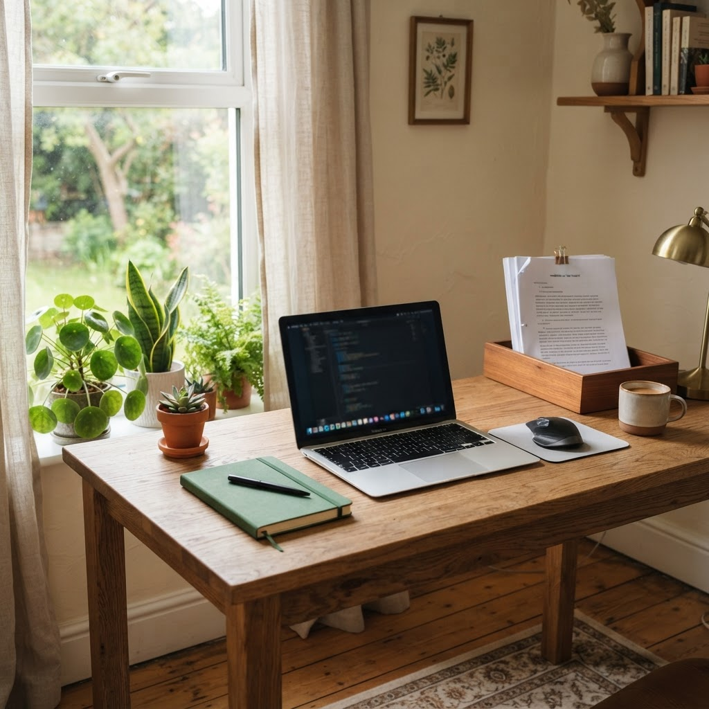 A tidy home studio desk with a laptop, a notebook, and a printed manuscript in a tray