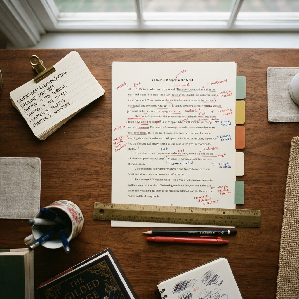 An editing desk with a printed chapter draft marked with proofreading edits and color-coded section tabs
